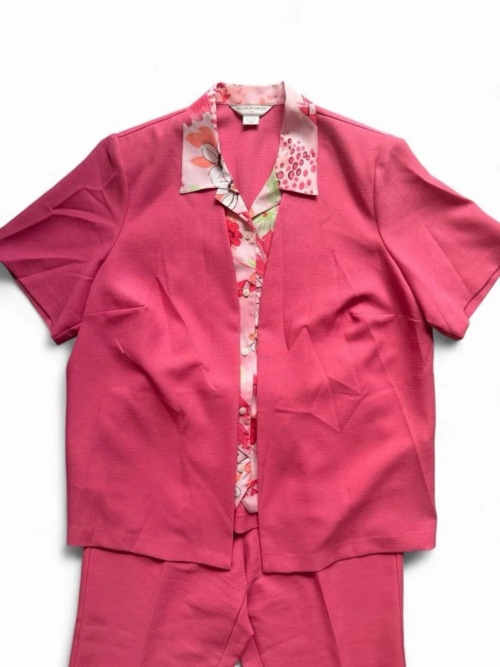 Allison Daley Pink Short-Sleeve 2 Piece Pantsuit Set with Floral Trim 18W/20W